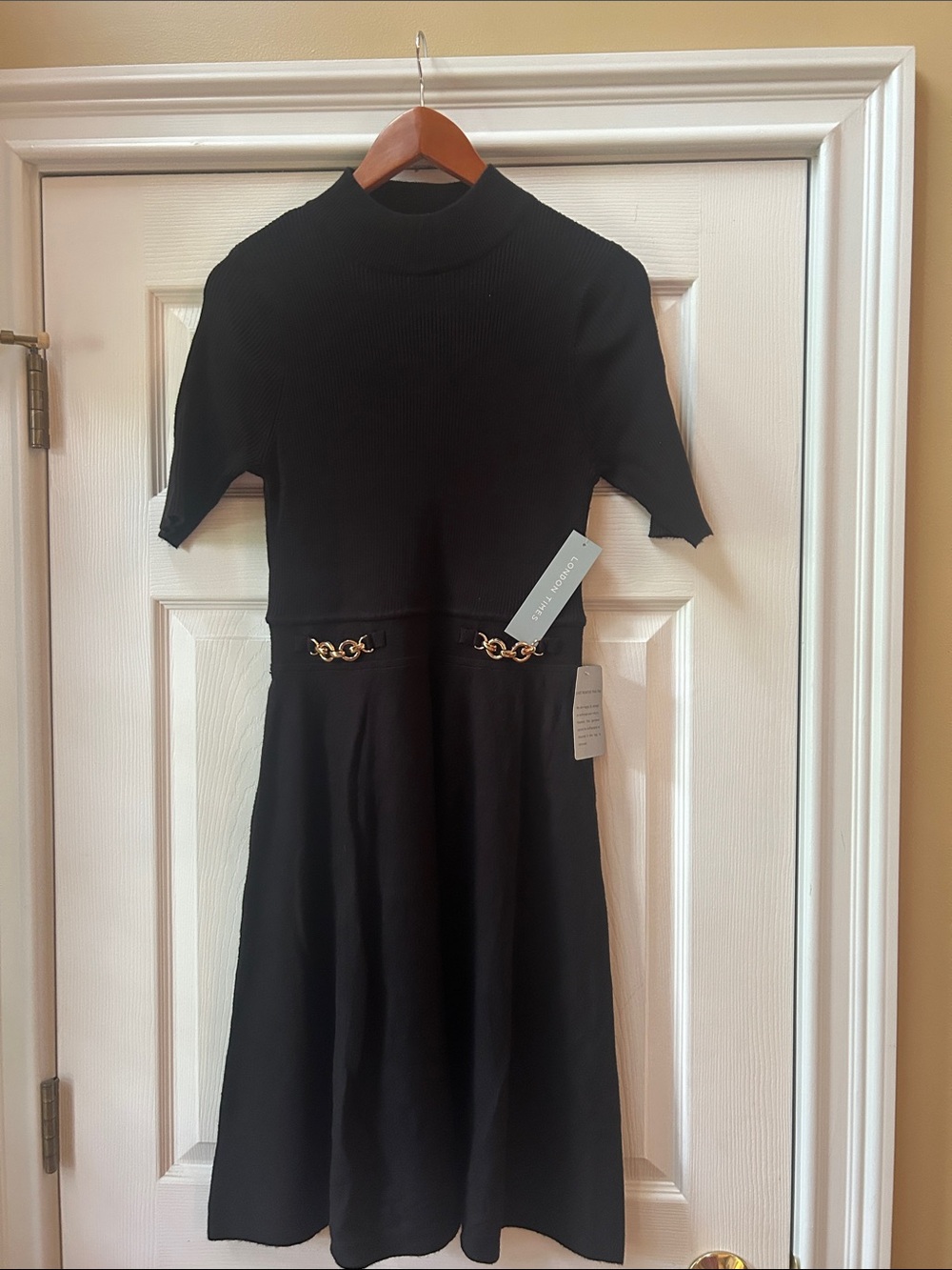 London Times Black Midi Dress with Gold Chain Accents